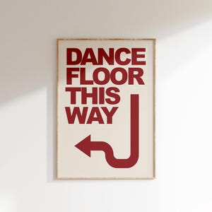 Pista de baile por aquí - Impresión de flecha de música de baile - Impresiones de música disco retro de los años 70, 80 y 90 - Póster de música funky colorido y vibrante - Disco de cocina