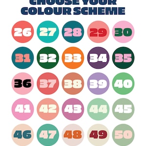 May include: A graphic with the text "CHOOSE YOUR COLOUR SCHEME" in navy blue. Below are 25 colored circles, each with a number from 26 to 50 in white. The circles are in various colors, including pink, green, and orange.