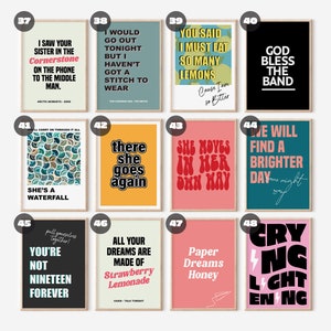 May include: A set of 10 printable wall art posters with various song lyrics and designs. The posters are in a variety of colors, including black, white, red, blue, green, yellow, and pink. The posters are all framed in a light wood frame.