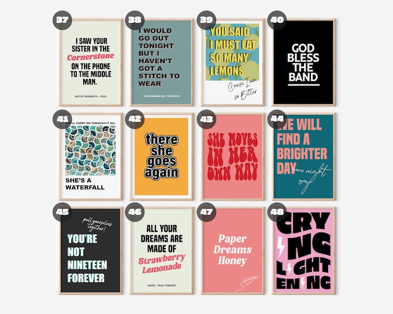May include: A set of 10 printable wall art posters with various song lyrics and designs. The posters are in a variety of colors, including black, white, red, blue, green, yellow, and pink. The posters are all framed in a light wood frame.