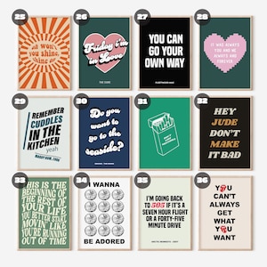 May include: A set of 10 printable wall art posters featuring song lyrics in a retro style. The posters are in various colors and feature lyrics from popular songs such as "Friday I'm in Love" by The Cure, "You Can Go Your Own Way" by Fleetwood Mac, and "Hey Jude" by The Beatles.