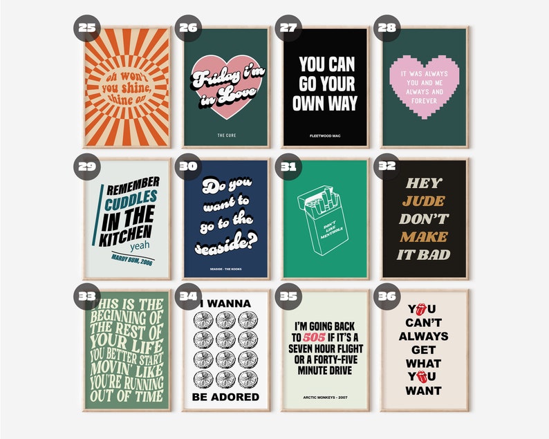 May include: A set of 10 printable wall art posters featuring song lyrics in a retro style. The posters are in various colors and feature lyrics from popular songs such as "Friday I'm in Love" by The Cure, "You Can Go Your Own Way" by Fleetwood Mac, and "Hey Jude" by The Beatles.