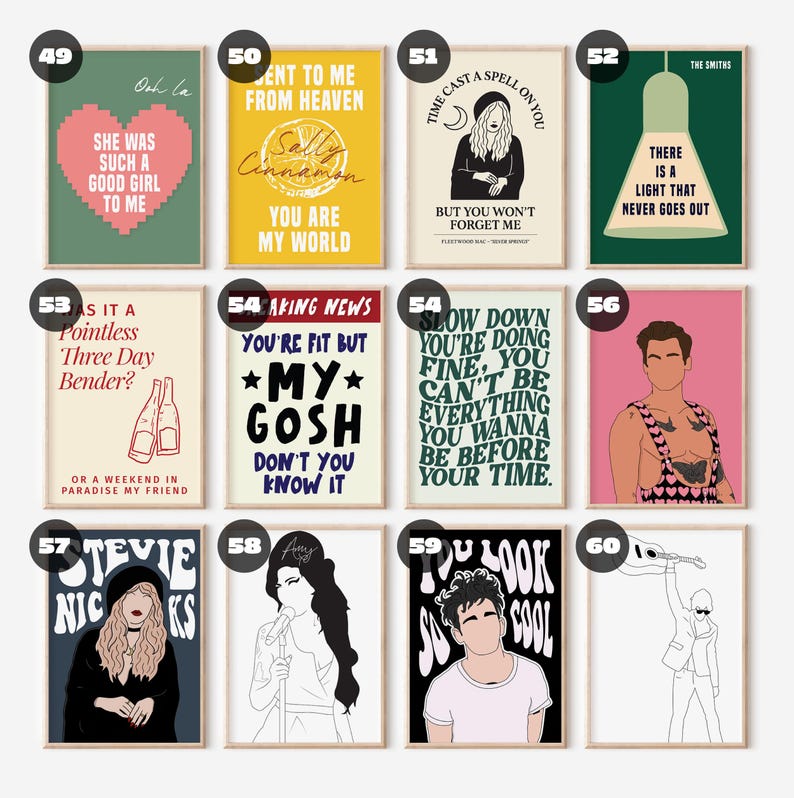 Music Inspired Prints, Song Lyrics Print Bundles, Music Wall Art, Band Wall Prints, Disco Pop Indie Rock Music Poster image 6