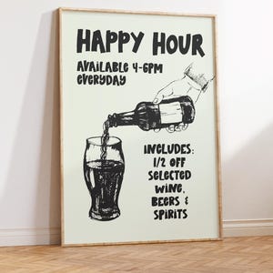 Happy Hour Print, Retro Kitchen Prints,  Alcohol Wall Art, Bar Print Poster, Retro Kitchen Prints, Vintage Wall Decor, Happy Hour Prints