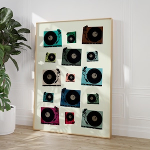 Vinyl Record Player Print, Retro Music Wall Art, Colourful Music Vinyl Poster, Retro Band Prints, Vintage Music Poster, 90's House Dance Pop