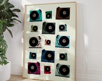Impressão colorida de toca-discos de vinil: decoração de parede retrô com temática musical.