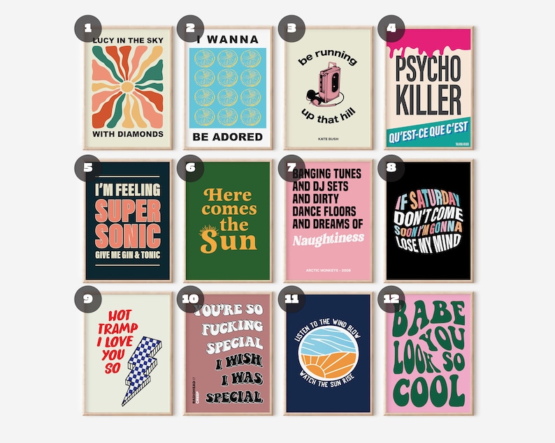 May include: Twelve colorful retro-style posters with various song lyrics and titles. The posters are framed in wood and have a white background.