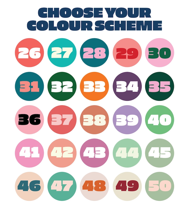 Może przedstawiać: Wykres z 5 rzędami po 5 kolorowych k&oacute;łek, każde z numerem od 26 do 50. K&oacute;łka są ułożone w siatkę. Wykres nosi tytuł "CHOOSE YOUR COLOUR SCHEME".