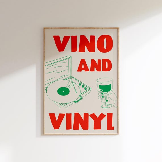 Vino & Vinyl Print, Music and Wine Wall Art, Retro Kitchen Decor, Record Lover Poster, Aesthetic Kitchen Art, Funky Music Home Decor