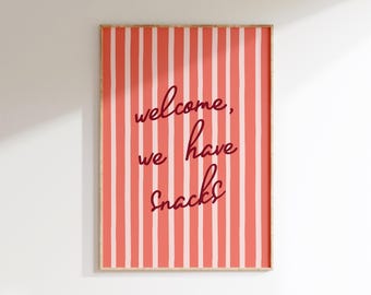 Welcome we have Snacks Print, Kitchen or Hallway Wall Art, Colourful Typography Poster, Aesthetic Entryway Decor, New Home Gift, Retro Sign