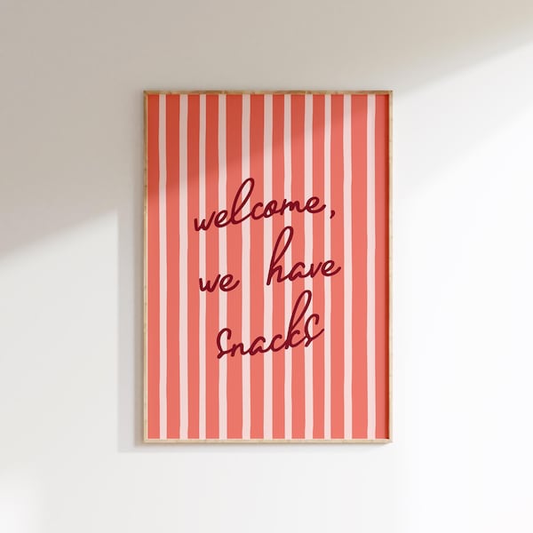 Welcome we have Snacks Print, Kitchen or Hallway Wall Art, Colourful Typography Poster, Aesthetic Entryway Decor, New Home Gift, Retro Sign