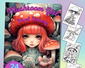 Mushroom Girl 24 Page Coloring Book | Fantasy Anime | Grayscale | Gift for Kids and Adults | Printable Art PDF | PNG | DIY