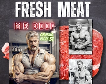 31 Page Mr Beef Pin Up Beefy Man Here's the Meat Grayscale Coloring Book | Gift for Adults | Printable Art PDF | PNG | Wall Art