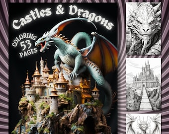 54 Page Castles & Dragons Fantasy Medieval | Instant Download Grayscale Coloring Book | Gift for Adults | Printable Art PDF | PNG | Wall Art