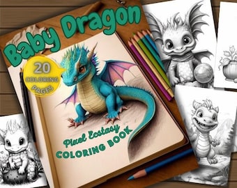 May include: A coloring book cover with the title "Baby Dragon" and the subtitle "Pixel Ecstasy Coloring Book". The cover features a colorful illustration of a baby dragon with blue scales and pink wings. The book has 20 coloring pages.