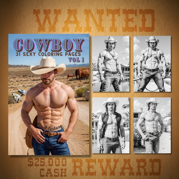 32 Page Cowboy Vol 1 Pin Up Beefy Photorealistic Stile Grayscale Coloring Book | Gift for Adults | Printable Art PDF | PNG | Wall Art