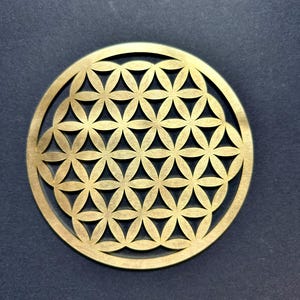 Peut inclure: Une décoration en métal de couleur dorée de forme circulaire avec un motif géométrique de cercles et de triangles qui se chevauchent, connu sous le nom de Fleur de Vie.