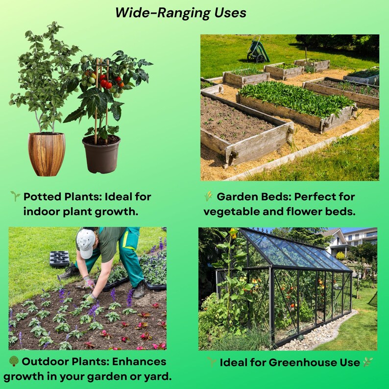May include: Image showcasing various gardening applications. Includes potted plants, raised garden beds, outdoor planting, and a greenhouse. Text reads "Wide-Ranging Uses" and describes each setting for plant growth.