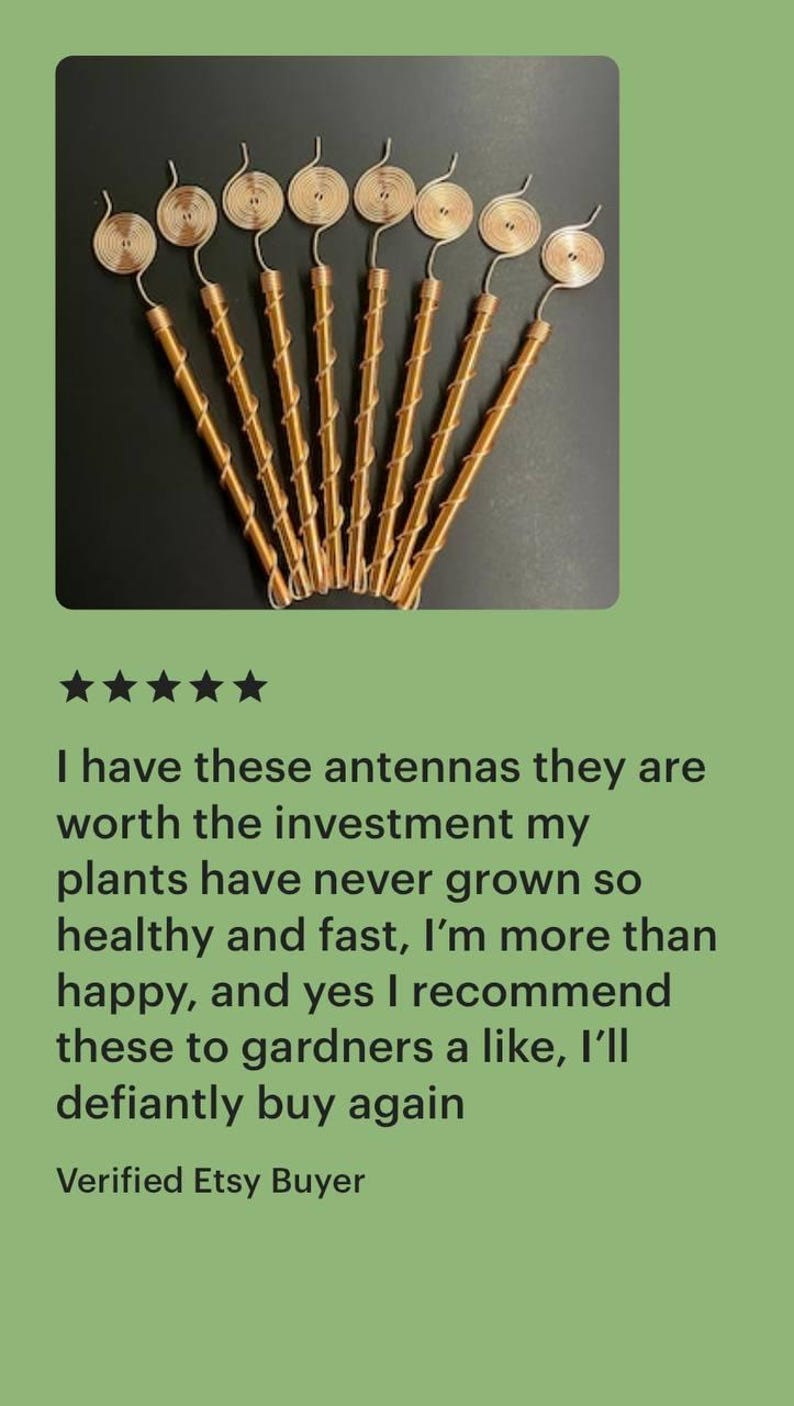May include: A collection of copper-colored antennas with a spiral design at the top. The antennas are arranged in a fan shape against a dark background. The image includes text from a verified Etsy buyer.