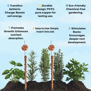May include: Image of copper gardening stakes inserted into soil, with various herbs growing around them. Text on the image highlights features like "Transfers Aetheric Charge," "Durable Design," and "Eco-Friendly Gardening."