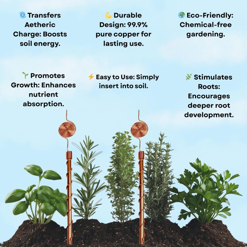 May include: Image of copper gardening stakes inserted into soil, with various herbs growing around them. Text on the image highlights features like "Transfers Aetheric Charge," "Durable Design," and "Eco-Friendly Gardening."
