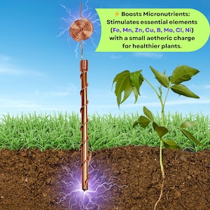 Illustration of Tesla 369 copper antenna placed in soil radiating natural energy