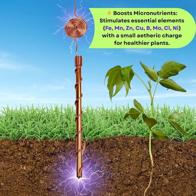 Illustration of Tesla 369 copper antenna placed in soil radiating natural energy