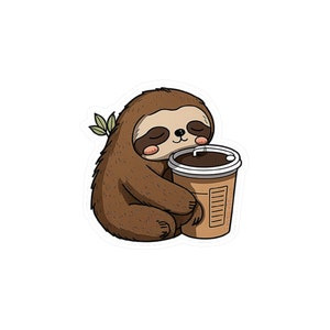 Cute little sloth sticker with coffee, sloth, coffee, drinking coffee sticker, animal sticker, Kiss-Cut Vinyl Decals sticker, waterproof