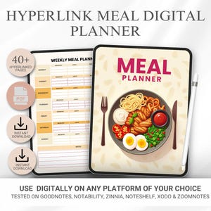Puede incluir: Planificador de comidas digital con diseño semanal y portada con un plato de comida. El planificador incluye más de 40 páginas con hipervínculos y está disponible para descarga instantánea. El texto dice "Hyperlink Meal Digital Planner" y "Meal Planner".