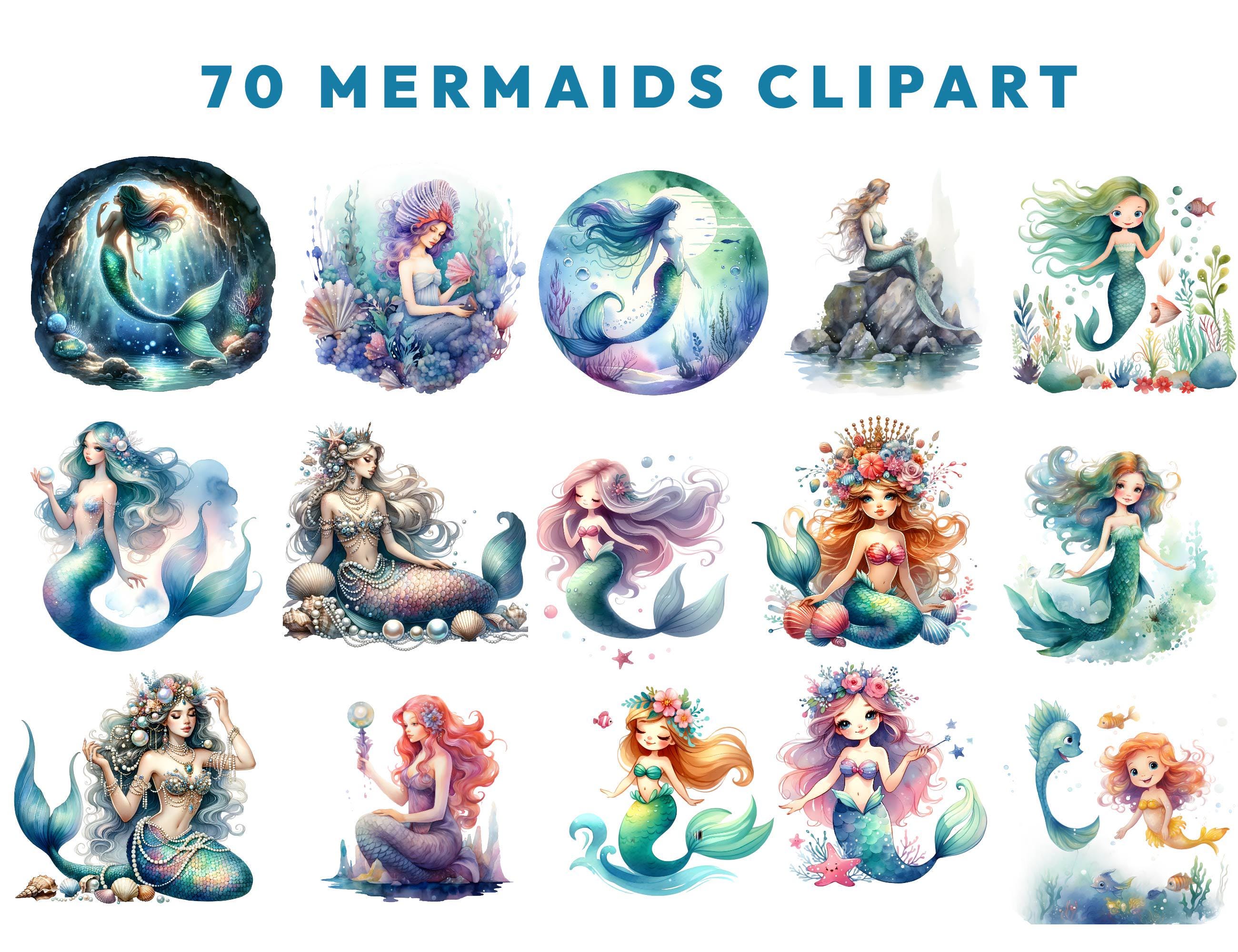 70 Watercolor Mermaids Clipart Bundle | Cute Mermaid PNG | Sea ...