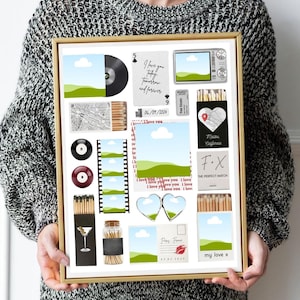 Puede incluir: Un collage enmarcado con varias imágenes y objetos, incluyendo un disco de vinilo, una carta de juego, una tira de película, cajas de cerillas y postales. El collage presenta el texto "I love you today, tomorrow, and forever" y "my love x".
