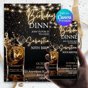 Puede incluir: Una invitación imprimible para una cena de cumpleaños con fondo negro, detalles dorados y un gráfico de vaso de whisky. La invitación incluye el texto "Birthday Dinner" y los detalles del evento. Un smartphone muestra el mismo diseño.
