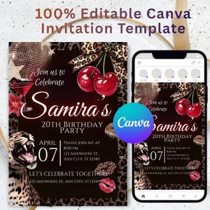 Puede incluir: Plantilla de invitación digital para una fiesta de 20 cumpleaños. El diseño presenta un fondo oscuro con detalles de estampado de leopardo, cerezas y el nombre "Samira's". La invitación se muestra en una tarjeta impresa y en la pantalla de un smartphone.