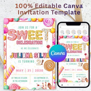 Puede incluir: Una plantilla de invitación colorida con el texto "SWEET CELEBRATION" y "¡Juliana Silva cumple 2!" mostrados en un teléfono inteligente y una tarjeta impresa. El diseño incluye dulces y caramelos.