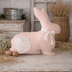 Cuscino coniglietto fatto a mano extra large, trapunta a forma di cuore vintage, arredamento in stile fattoria