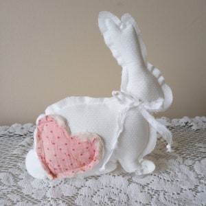 SMALL Bunny with Vintage Quilt Heart, Bunny Pillow, Rabbit, Easter Gift, Spring Decor, Antique Farmhouse Accent Pillow, Housewarming Gift