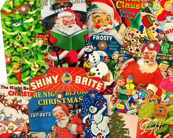 Vintage Christmas Gift Tags And Tabs, Printed Christmas Ephemera, Shiny Brite, Frosty, Santa, Dennison Style Tags, 1950s Holiday Ephemera