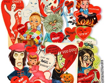 Vintage Halloween Valentines Paper Die Cuts Assortment, Valloween High-quality Laser Reproductions, Vintage Valentines Decorations Set 2