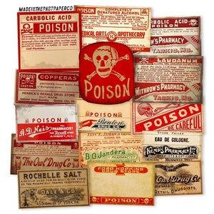 15pc Vintage Druggist Pharmacy Labels, Antique Poison Labels, Apothecary Bottle Labels, Vintage Potion Labels, Vintage Poison Stickers