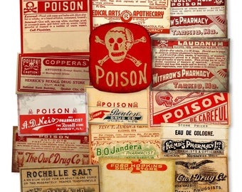 15pc Vintage Druggist Pharmacy Labels, Antique Poison Labels, Apothecary Bottle Labels, Vintage Potion Labels, Vintage Poison Stickers