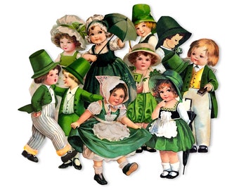 10pc Victorian Saint Patrick's Day Irish Paper Doll Die Cuts, Cut Outs Die Cut High-Quality Reproductions Size of Cuts Vary From 2.50" tall.
