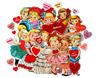 Dolls & Confetti Hearts Vintage Valentines Cut Outs, Valentine Dolls, Die Cut High-Quality Reproductions Size of Cuts Vary From 2" - 4" tall