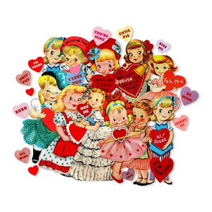 Dolls & Confetti Hearts Vintage Valentines Cut Outs, Valentine Dolls, Die Cut High-Quality Reproductions Size of Cuts Vary From 2&quot; - 4&quot; tall