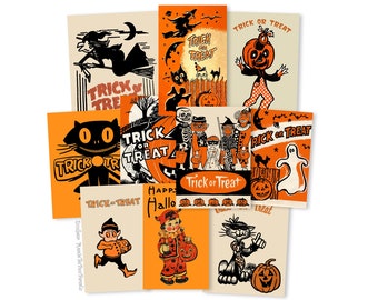 May include: A set of 10 vintage Halloween postcards featuring various illustrations of cats, pumpkins, ghosts, and witches. The postcards have orange and black backgrounds with the text "Trick or Treat" and "Happy Hallo".