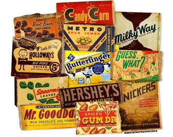Vintage snoepverpakking, kortstondige Halloween-rommeldagboek, vintage etiketten, Halloween-snoep, hoogwaardige reproducties, vintage stickers