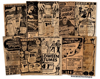 May include: A collage of vintage Halloween advertisements from the 1950s. The ads feature images of monsters, costumes, and candy. The text includes phrases like "Hair-Raising Halloween", "Haunted House", and "Halloween Specials!"