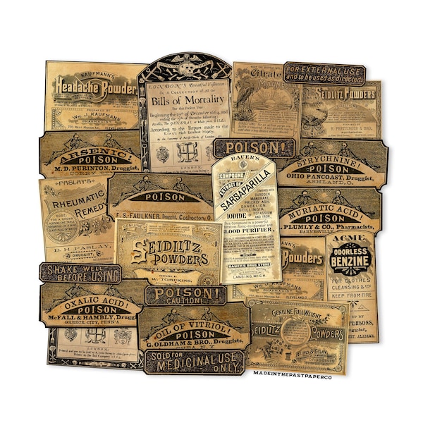 20pc Vintage Druggist Pharmacy Labels, Antique Poison Labels, Apothecary Bottle Labels, Vintage Potion Labels, Vintage Poison Stickers