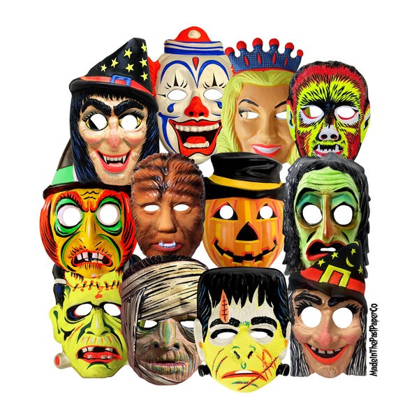 Vintage Halloween Costume Mask Cut Outs, Halloween Junk Journal, Halloween Decorations, Retro Halloween, Vintage Beistle, Halloween Ephemera
