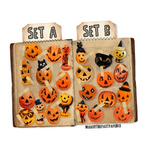 May include: Two pages of an old book with vintage Halloween decorations, including jack-o'-lanterns, black cats, and a ghost. The pages are labeled "Set A" and "Set B".