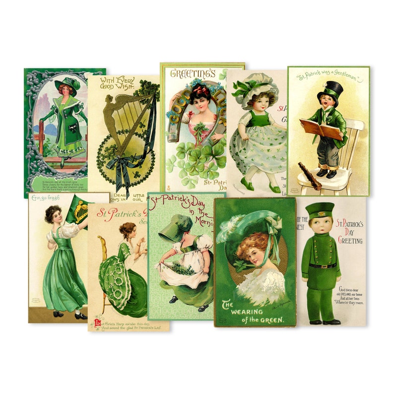 May include: A collection of vintage St. Patrick's Day postcards featuring illustrations of people wearing green clothing, shamrocks, and other Irish symbols. The text on the postcards includes greetings, sayings, and poems.